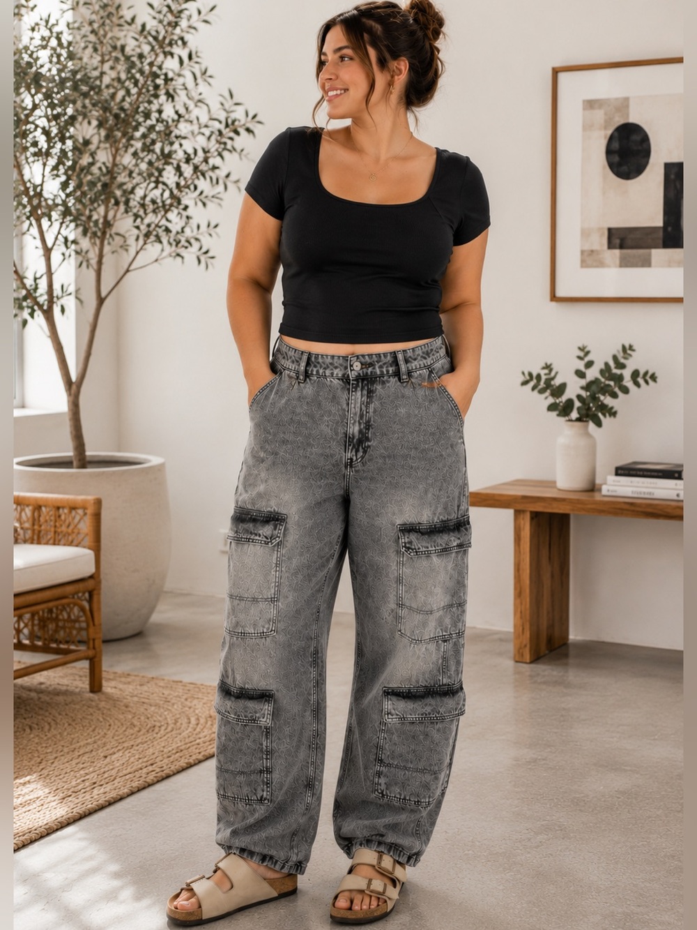 H&M Divided Gray Wide Leg Cargo Jeans Women's High Rise Utility Baggy Denim 14 - Picture 2 of 14